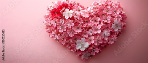 a heart shape created from tiny, fresh pink, red, and white flowers arranged on a light magenta background. valentine’s day, love and heart, love banner