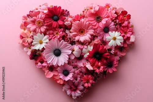 a heart shape created from tiny, fresh pink, red, and white flowers arranged on a light magenta background. valentine’s day, love and heart, love banner