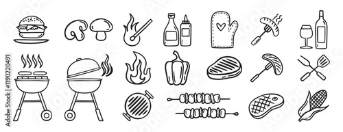 Barbecue grill party doodle hand drawn icon set. Outline drawing BBQ tools charcoal firewood and products line clipart symbol collection 
