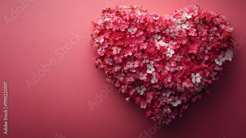 a heart shape created from tiny, fresh pink, red, and white flowers arranged on a light magenta background. valentine’s day, love and heart, love banner