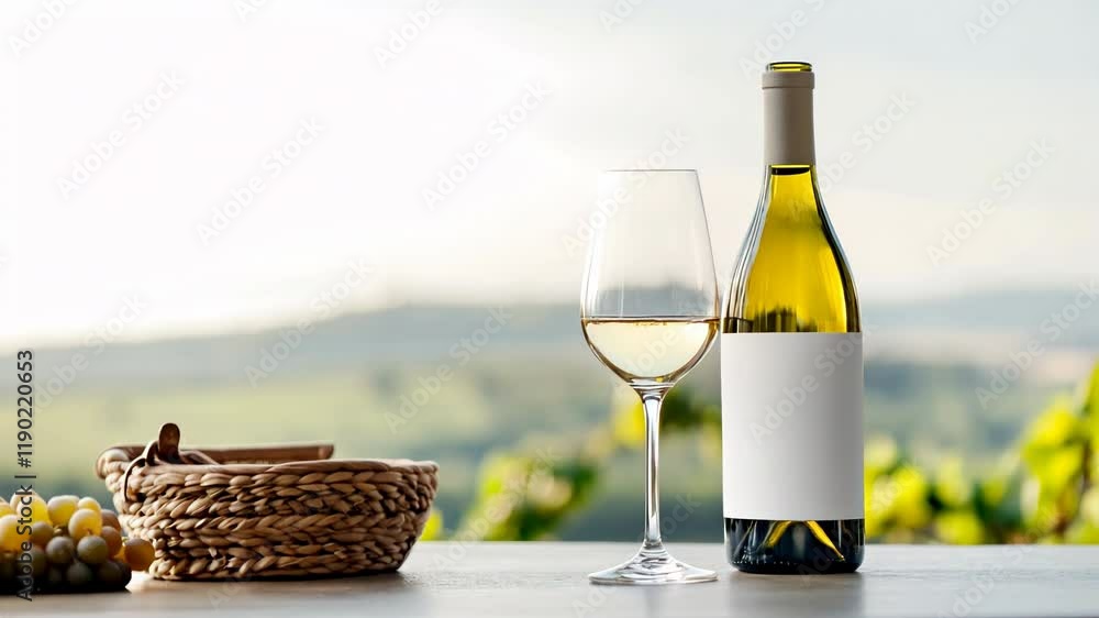 White wine with bread basket in scenic vineyard setting, perfect for wine tasting events, restaurant promotions, luxury lifestyle content, travel marketing and gourmet food presentations White wine with bread basket in scenic vineyard setting, perfect for wine tasting events, restaurant promotions, luxury lifestyle content, travel marketing and gourmet food presentations