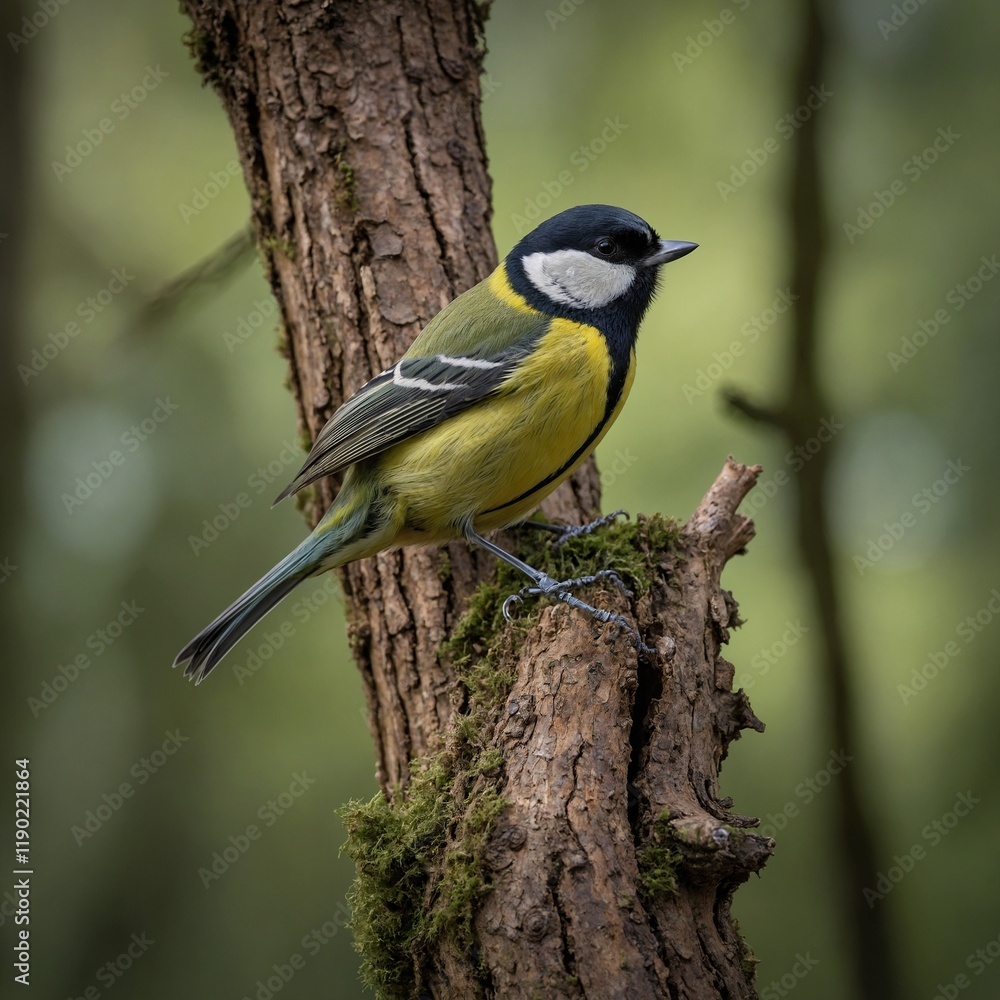 A vibrant Great Tit perches gracefully on a tree trunk, its striking yellow breast and bold black head contrasting beautifully with the natural tones of the bark. A vibrant Great Tit perches gracefully on a tree trunk, its striking yellow breast and bold black head contrasting beautifully with the natural tones of the bark.