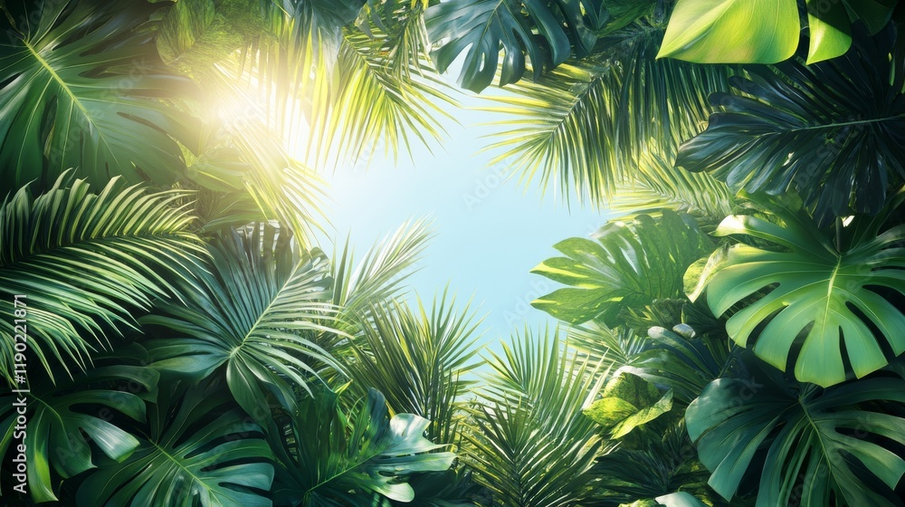 Lush Tropical Leaves Framing a Clear Sky Sunlight streaming through thick green foliage creating a natural frame Lush Tropical Leaves Framing a Clear Sky Sunlight streaming through thick green foliage creating a natural frame