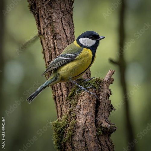 A vibrant Great Tit perches gracefully on a tree trunk, its striking yellow breast and bold black head contrasting beautifully with the natural tones of the bark.  photo