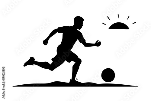 Silhouette of a soccer player running with the sun setting.