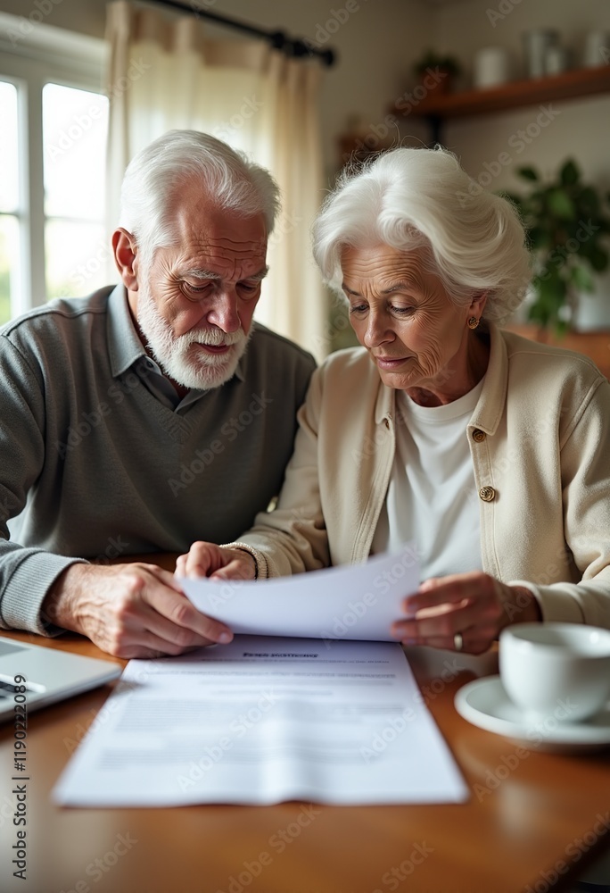 Warm and Secure Home Environment: Elderly White Couple Examining Reverse Mortgage Papers Together Warm and Secure Home Environment: Elderly White Couple Examining Reverse Mortgage Papers Together