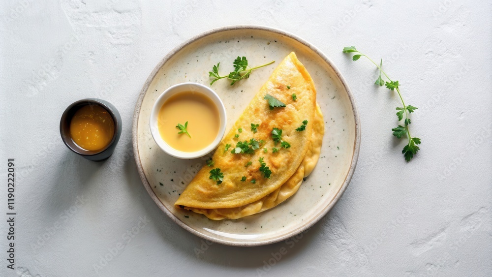 A savory cheese omelet served on a speckled plate with a side of creamy sauce and fresh herbs A savory cheese omelet served on a speckled plate with a side of creamy sauce and fresh herbs