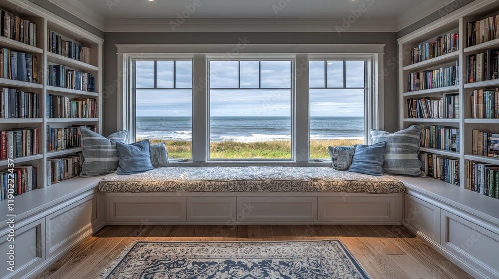 Obraz premium Elegant Virtual Presentation Background with a Cozy Room, Bookshelves, and Seaside View Perfect for Zoom Meetings and Online Team Collaborations