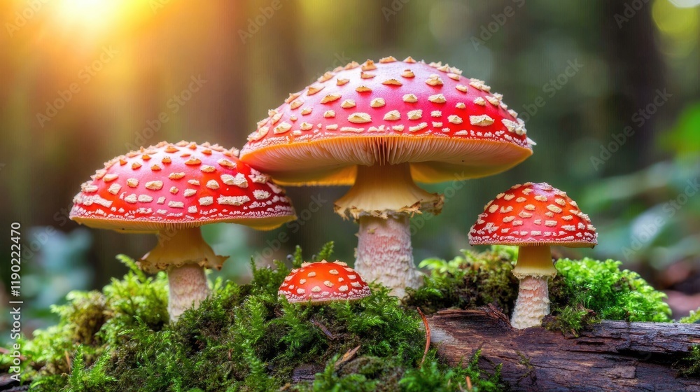Fototapeta premium A forest with mushrooms and fungi growing on a moss-covered log, bathed in soft, dappled sunlight.