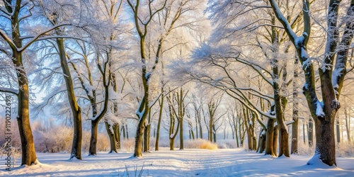 Frosty trees with bare branches and snow-covered ground, snowy woods, bleakness