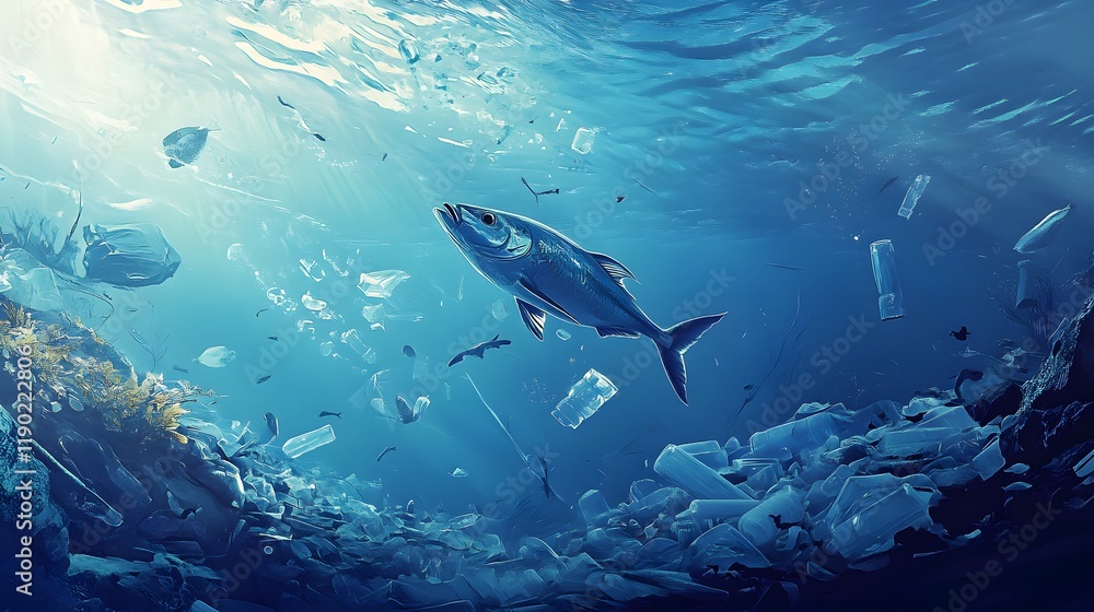 Obraz premium Underwater Perspective Featuring Fish Swimming Amidst Marine Debris and Pollutants in an Ocean Environment, Highlighting Environmental Concerns
