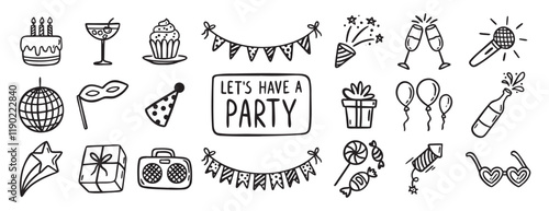Party event or Birthday doodle icon element doodle hand drawn icon set. Outline drawing party, carnival celebration concept line clipart symbol collection. sketch birthday cake, balloon, decoration
