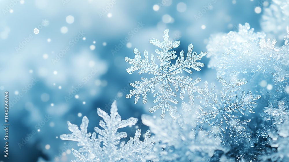 A close-up of delicate, shimmering snowflakes against a soft blue background, evoking a serene winter atmosphere. A close-up of delicate, shimmering snowflakes against a soft blue background, evoking a serene winter atmosphere.