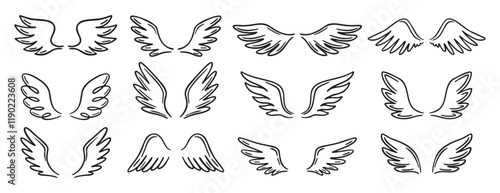 Angel wing doodle hand drawn icon set. Outline drawing angel wings line clipart symbol collection