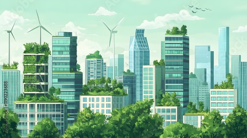 Urban Skyline with Sleek High-Rise Buildings Surrounded by Greenery and Wind Turbines Symbolizing Eco-Friendly City Life photo