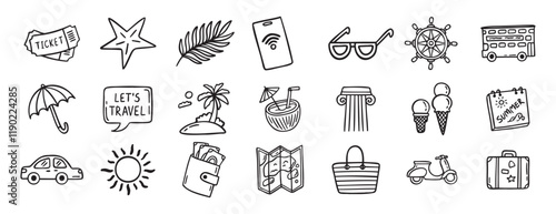 travel doodle hand drawn icon set. Outline drawing travel tourism line clipart symbols
