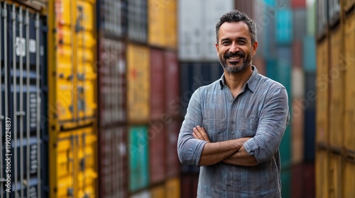 Confident Shipping Manager: A portrait of a smiling, middle-aged man with arms crossed, standing confidently amidst a colorful array of shipping containers.Generative ai illustration. photo