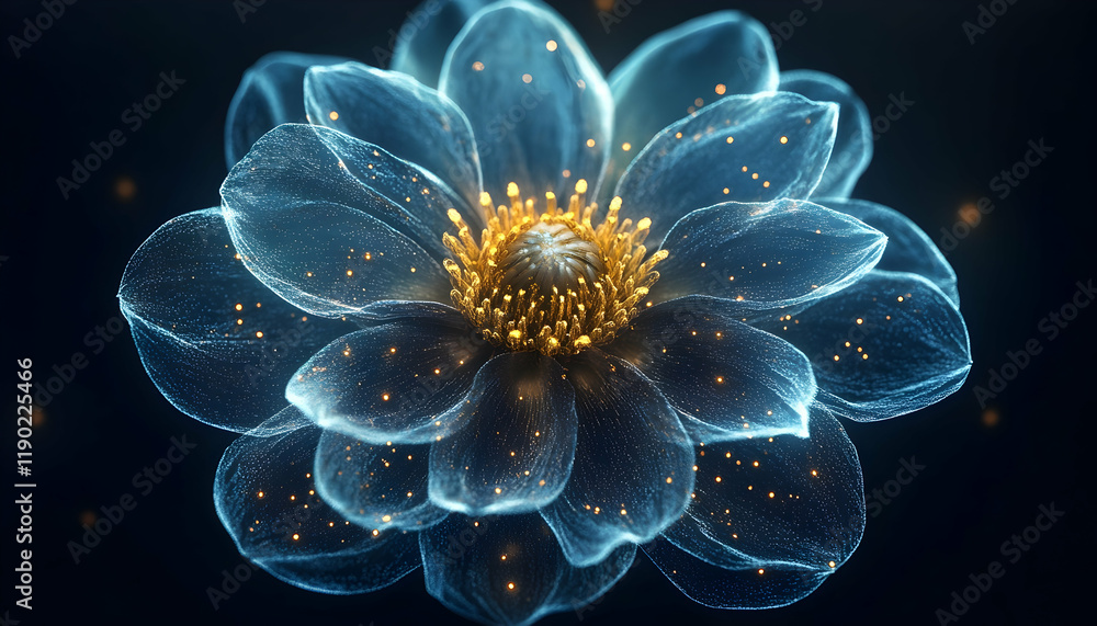 Obraz premium 3D Illustration - Blue Flower with Golden Center and Sparkling Particles