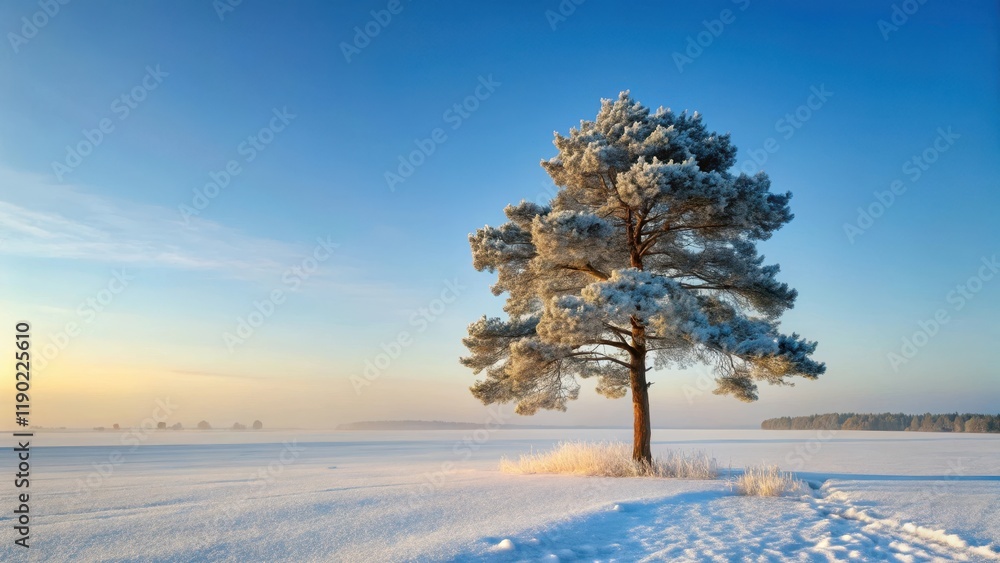A snow-covered pine tree stands alone in a vast open field, with its branches stretching towards the pale winter sky, winter landscape, frosty atmosphere A snow-covered pine tree stands alone in a vast open field, with its branches stretching towards the pale winter sky, winter landscape, frosty atmosphere