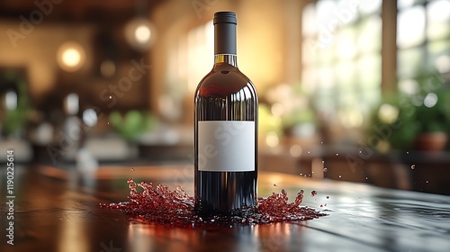 Red wine bottle with splash on wood table. photo