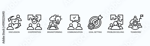 Collaborate And Conquer Icon Set Isolated Vector With Icon Discussion, Cooperation, Brainstorming, Effective Communication, Goal Setting, Problem Solving, Teamwork In Outline Style