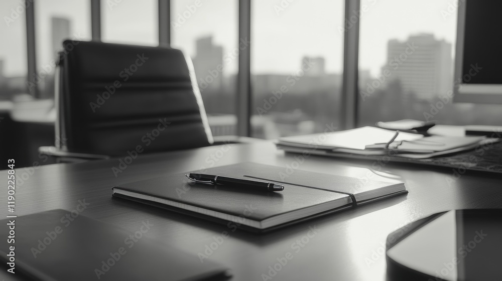 Modern office desk with notebook, pen, and city view. Modern office desk with notebook, pen, and city view.