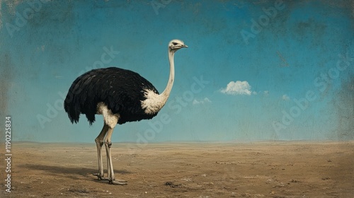 Ostrich standing desert landscape, blue sky, single cloud, wildlife poster photo