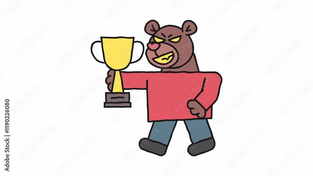 Walking bear holds gold cup and smiles. Alpha channel Walking bear holds gold cup and smiles. Alpha channel