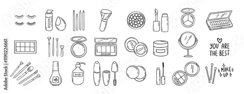 make up beauty doodle hand drawn icon set. Outline drawing cosmetics line clipart symbol
