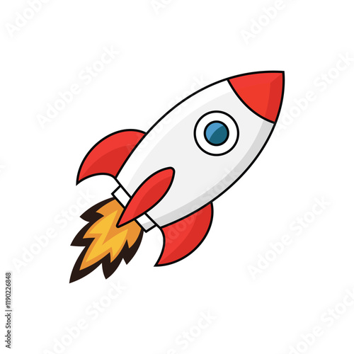 Cartoon rocket spaceship with red fins and flame trail in vector style