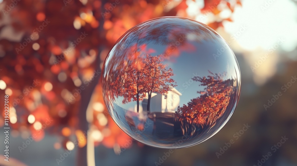 A large soap bubble reflecting the sky and surrounding trees in a quiet park. A large soap bubble reflecting the sky and surrounding trees in a quiet park.
