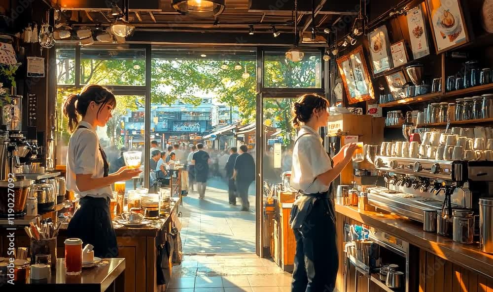 Sunny Day at a Lively City Cafe: Two Baristas Serve Coffee Amidst a Bustling Street Scene Sunny Day at a Lively City Cafe: Two Baristas Serve Coffee Amidst a Bustling Street Scene