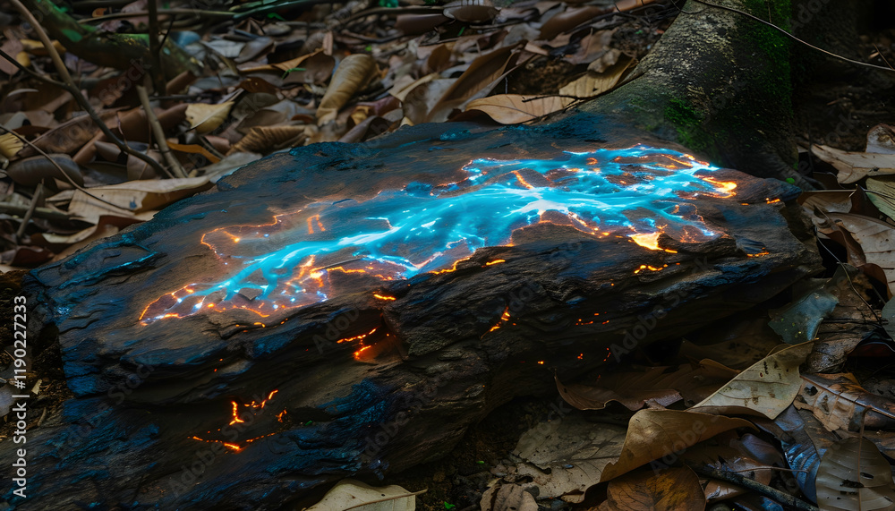 Photo: Bioluminescent Forest Floor, Glowing Fungi, Leaves, Wood, Nature, Light, Dark, Blue, Orange, Magic Photo: Bioluminescent Forest Floor, Glowing Fungi, Leaves, Wood, Nature, Light, Dark, Blue, Orange, Magic