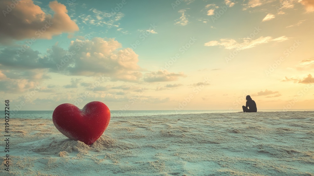 Fototapeta premium A lonely person sitting on the sand beside a broken heart symbol, with the sea and sky in the distance.