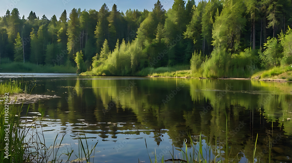 Obraz premium summer day view by the lake with clean water and water grass green foliage near forest