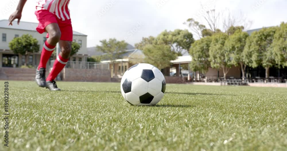 Kicking soccer ball on field, african american male player practicing skills, copy space Kicking soccer ball on field, african american male player practicing skills, copy space