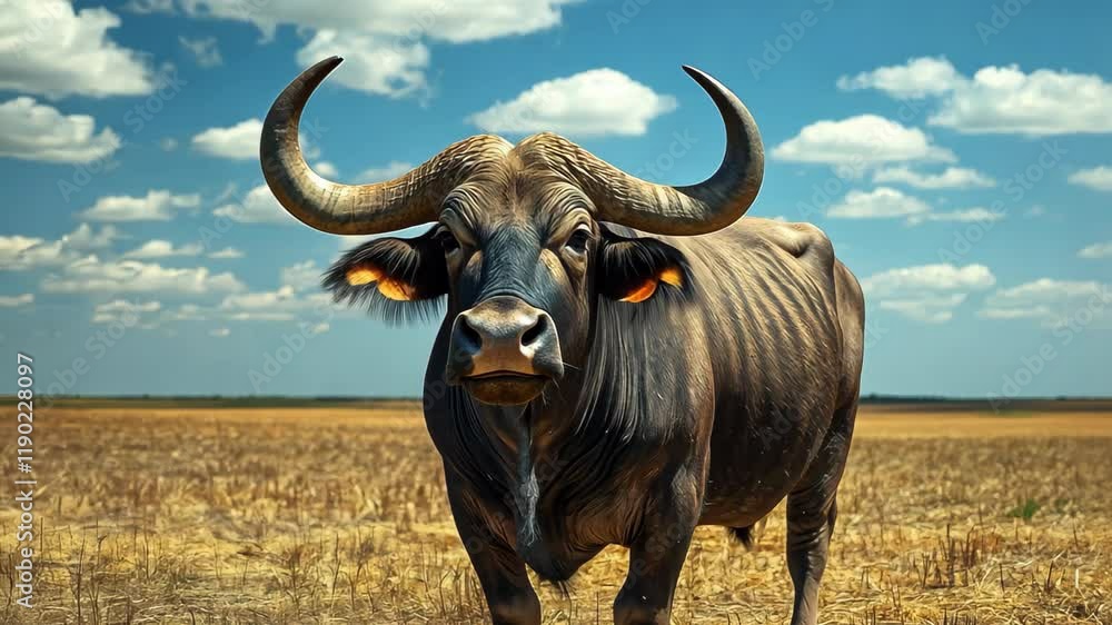 Buffalo standing in dry agricultural land under a blue sky with fluffy clouds during daytime, buffalo in dry agricultural land seamless ing timelapse virtual video Background Buffalo standing in dry agricultural land under a blue sky with fluffy clouds during daytime, buffalo in dry agricultural land seamless ing timelapse virtual video Background