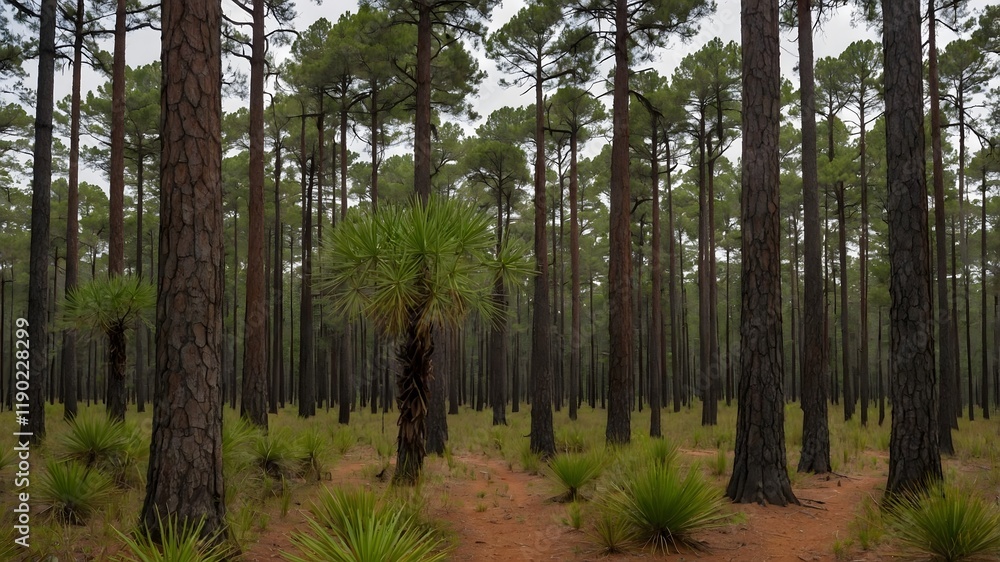 Fototapeta premium Timeless Landscape: Long leaf Pine Forest in the 19th Century with Settlers and Nature