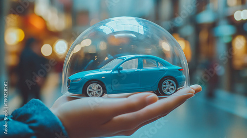 Hand protect blue toy car under a glass dome in concept car care, insurance, and repair coverage covered automobile for financial security.  photo