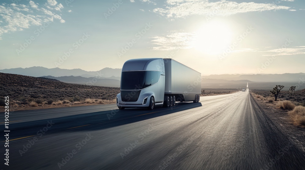 Futuristic Electric Semi-Truck on Desert Highway Futuristic Electric Semi-Truck on Desert Highway