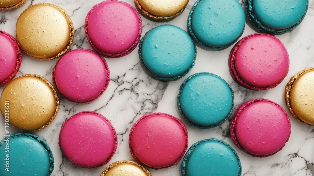 A detailed close-up of macarons in bold shades like magenta, teal, and gold, stacked on a classic marble background A detailed close-up of macarons in bold shades like magenta, teal, and gold, stacked on a classic marble background