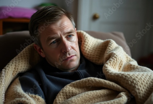 A man sits at home, looking visibly unwell, wrapped in a blanket for comfort photo