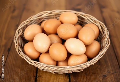 Wallpaper Mural A rustic basket filled with organic brown eggs sits on a wooden table Torontodigital.ca