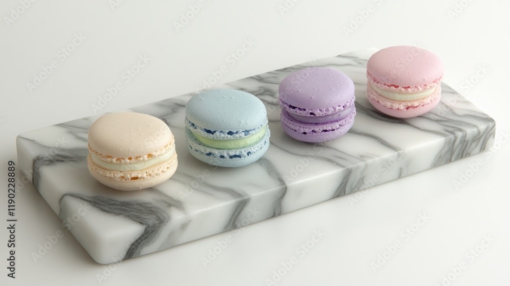 A luxurious arrangement of delicate macarons in pastel hues, including mint and lavender, styled on polished marble A luxurious arrangement of delicate macarons in pastel hues, including mint and lavender, styled on polished marble