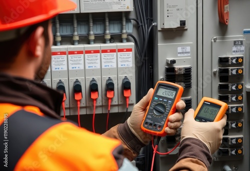 An electrical maintenance service engineer is shown carrying an AC voltmeter while conducting a voltage check at breaker terminals