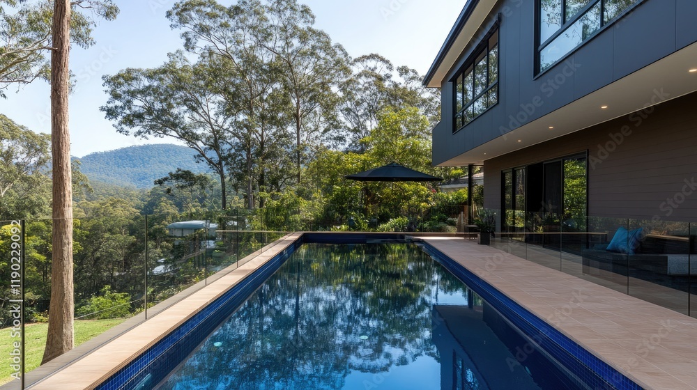 Fototapeta premium A modern house with a sleek swimming pool, perfect for an elegant outdoor lifestyle.