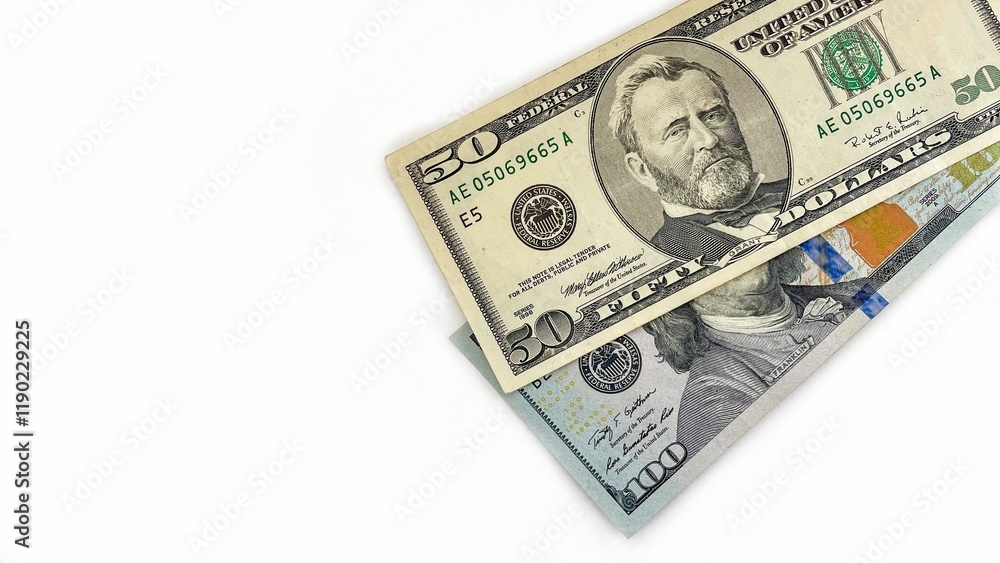 Fifty and hundred-dollar bills arranged on a white background, symbolizing financial stability, wealth, investment, and cash flow. Ideal for banking, business, and financial services promotions. Fifty and hundred-dollar bills arranged on a white background, symbolizing financial stability, wealth, investment, and cash flow. Ideal for banking, business, and financial services promotions.