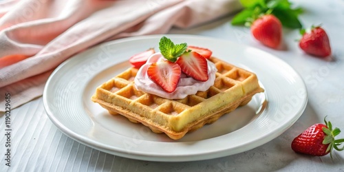 A delightful waffle topped with creamy frosting and fresh strawberries, a perfect sweet treat for any occasion.