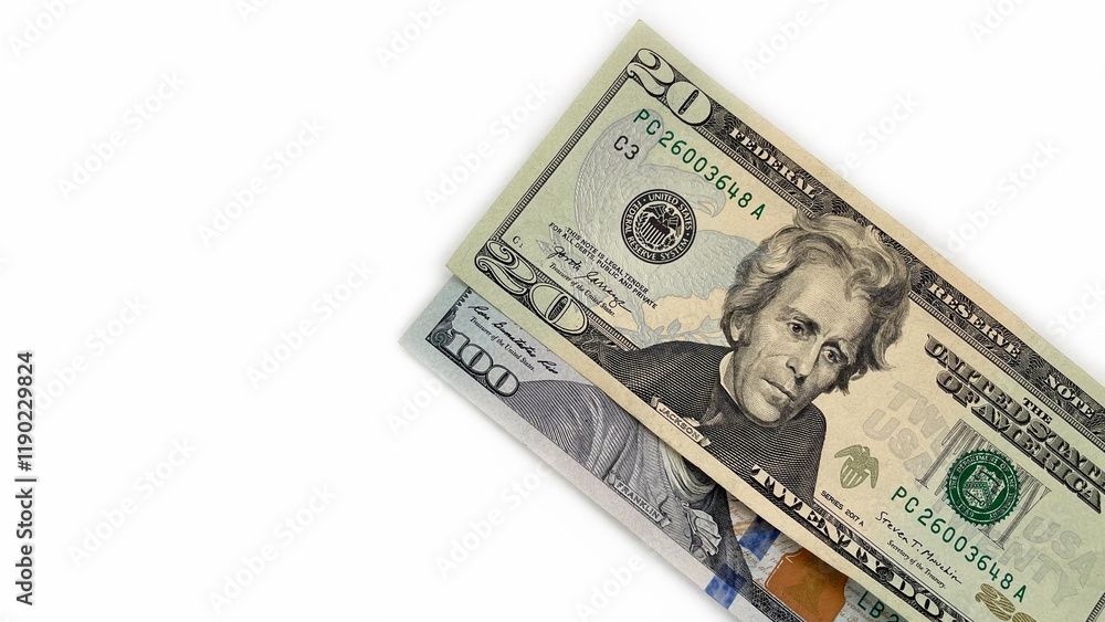 Twenty and hundred-dollar bills on a white background, symbolizing finance, budgeting, and wealth. Suitable for financial services, banking, investment, and economic growth campaigns. Twenty and hundred-dollar bills on a white background, symbolizing finance, budgeting, and wealth. Suitable for financial services, banking, investment, and economic growth campaigns.