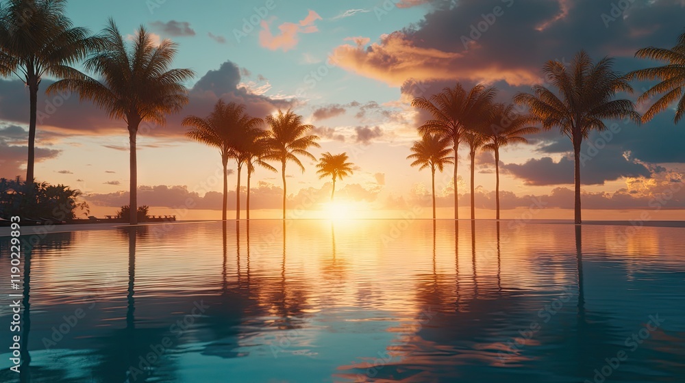 Obraz premium A peaceful lagoon with palm trees reflected in the water, set against a sunset.